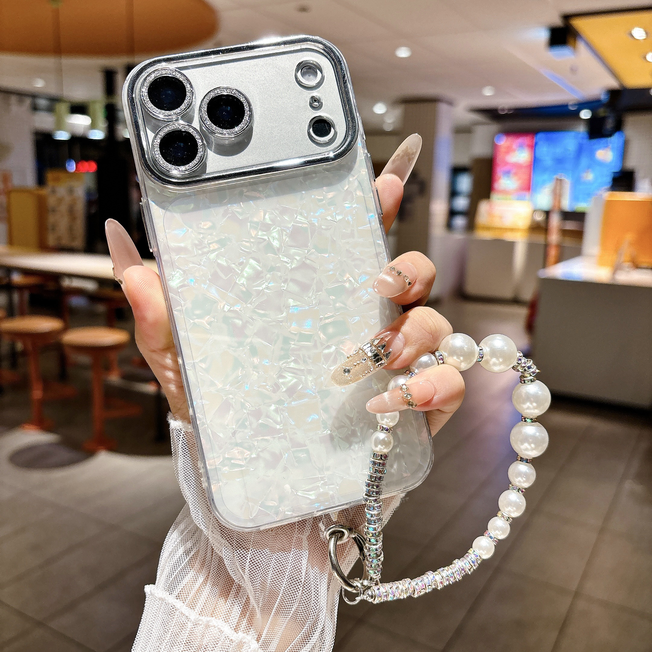 Camera Lens Protector - Handyhülle mit Muschelmuster und Strass-Kameralinsenschutz, Perlen-