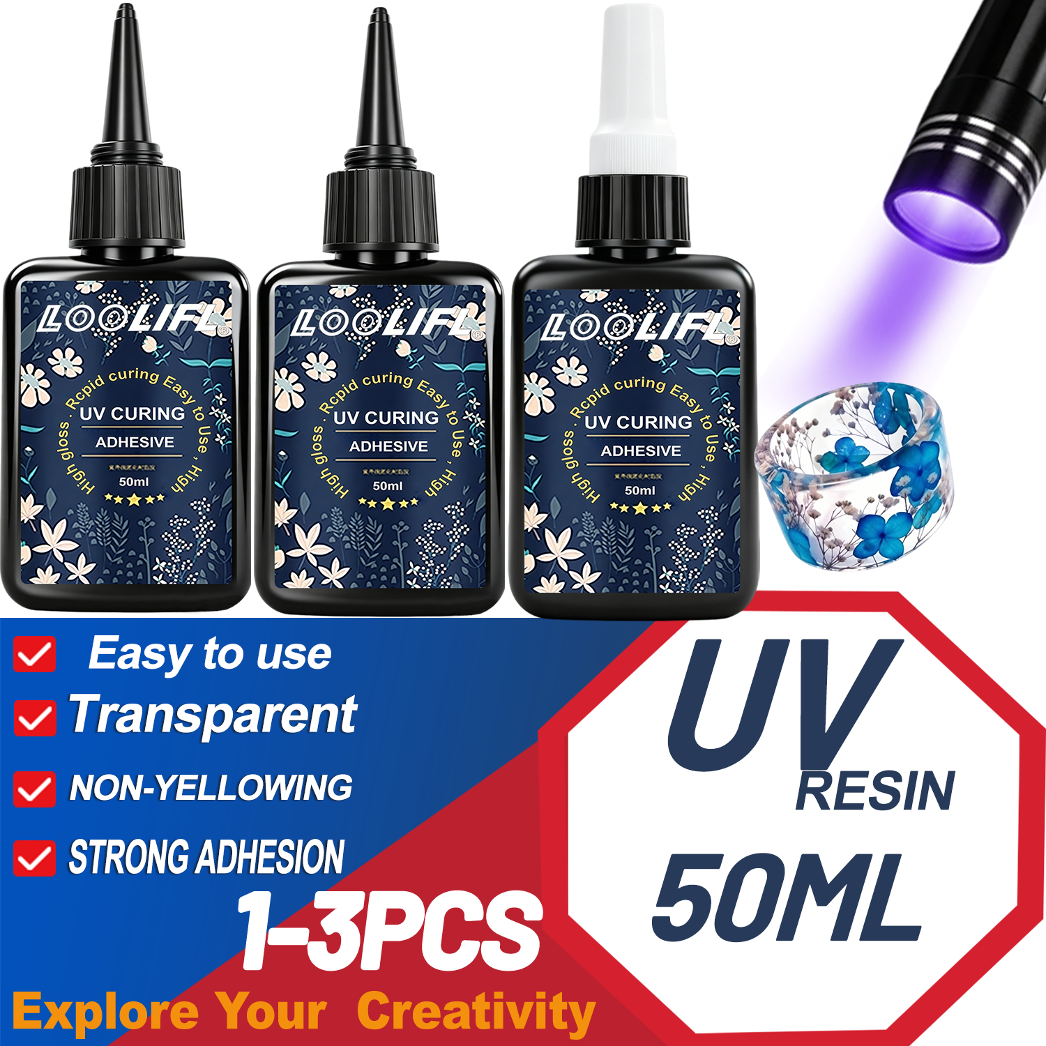 Liquid Uv Glue Kit - LOOLIFL UV-Harzkleber 50G Set mit UV-Lampe,