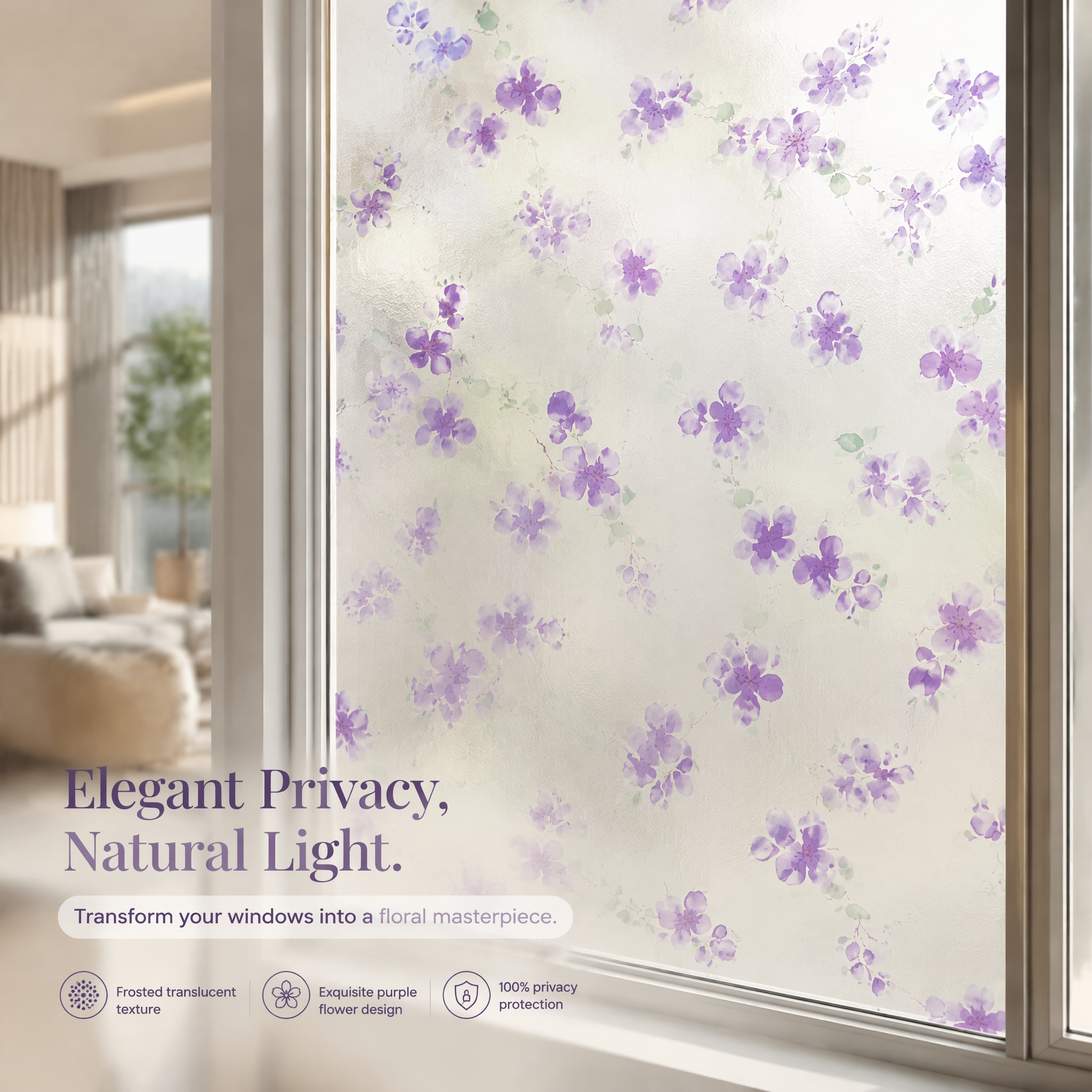 Privacy Screen Protector - Selbstklebende, mattierte Fensterfolie mit lila Blumenmuster,