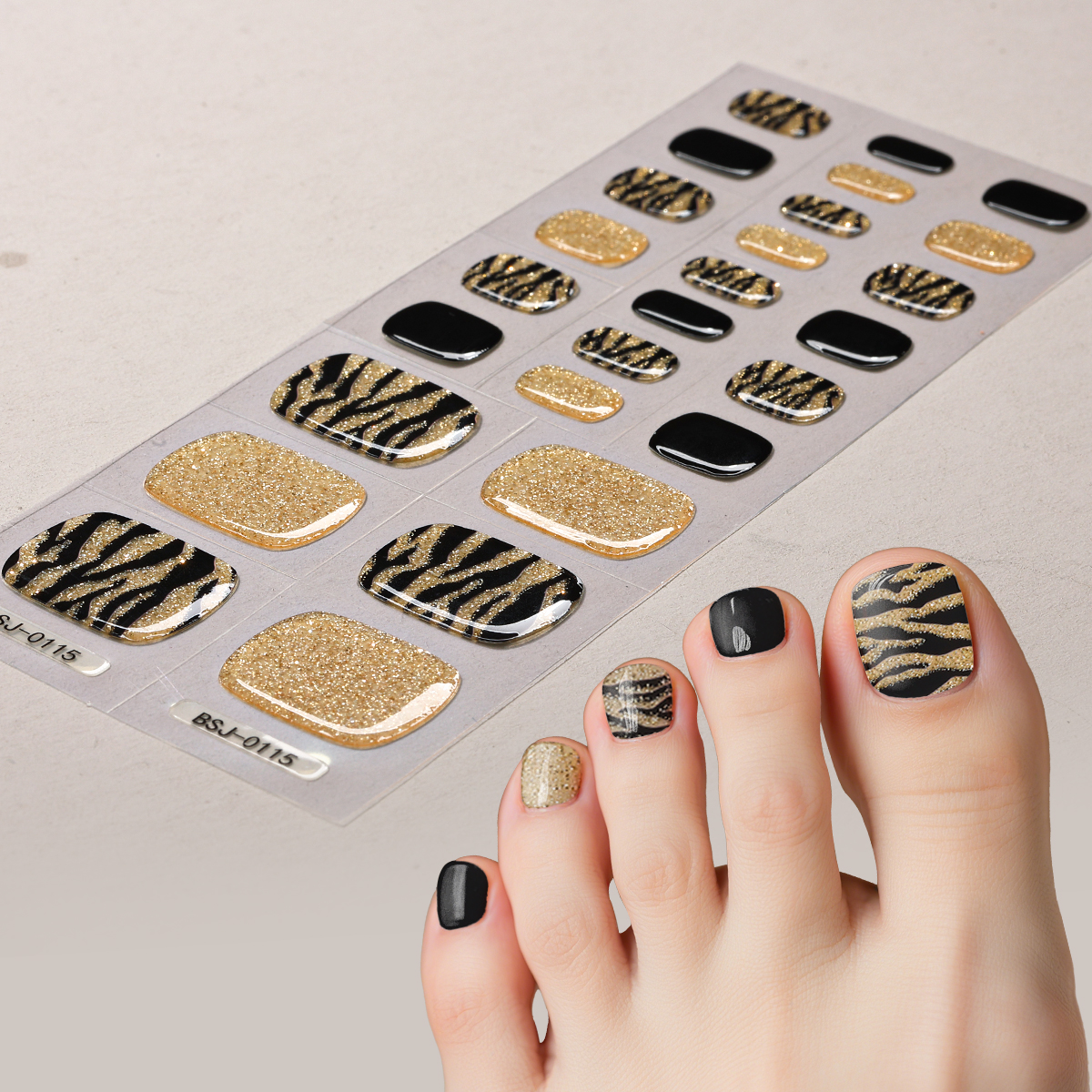 Full Cover Adhesive - 26Tips Leopard Semi-Cured Gel Zehennagel-Aufkleber Glitzer