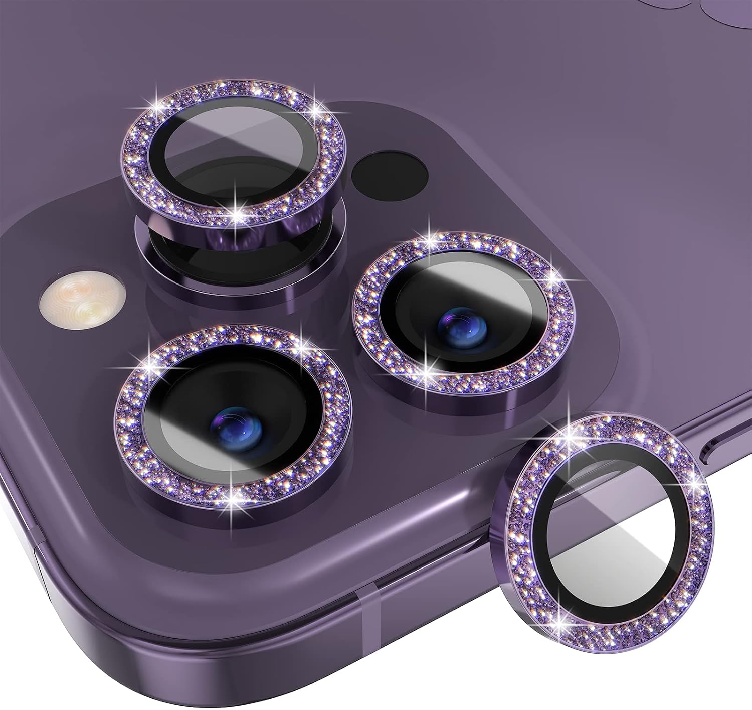 Tempered Glass Screen 9H - 1 Set Glitzernder Lila Kameraobjektivschutz für